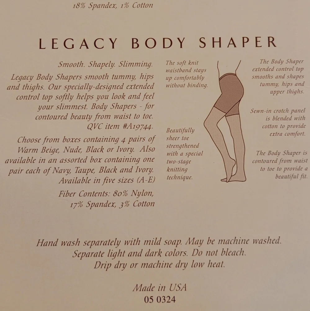 Legacy Legwear Body Shaper Pantyhose Size B Color Fawn New In Box